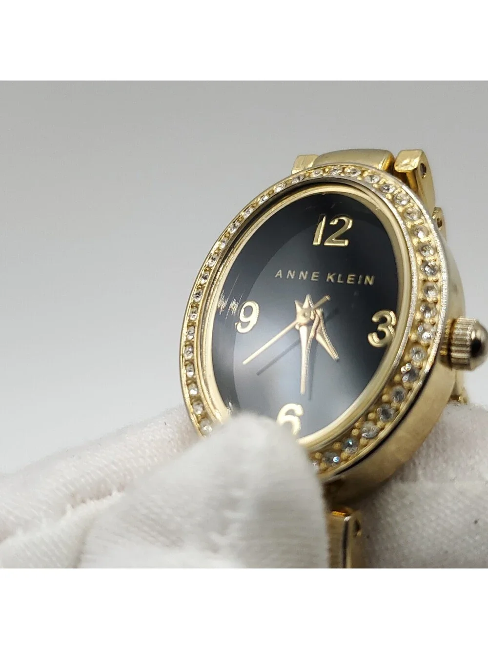 Anne Klein Oval Rhinestone Bezel Black Dial Womens Watch 19mm New Battery